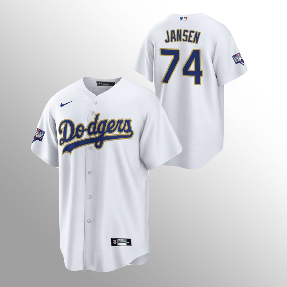 Men's Los Angeles Dodgers #74 Kenley Jansen White MLB Champions Patch Gold Program Cool Base Sttiched Jersey Men's Los Angeles Dodgers #74 Kenley Jansen White MLB Champions Patch Gold Program Cool Base Sttiched Jersey
